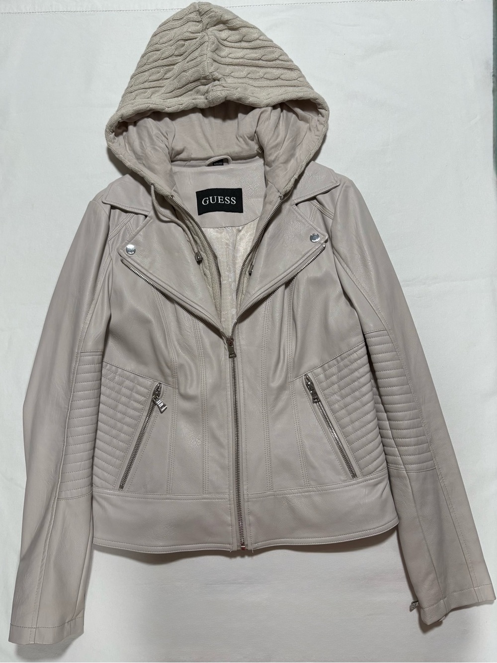 GUESS Women's Light Cream Vegan Leather Removable Cable Knit Hood Moto Jacket